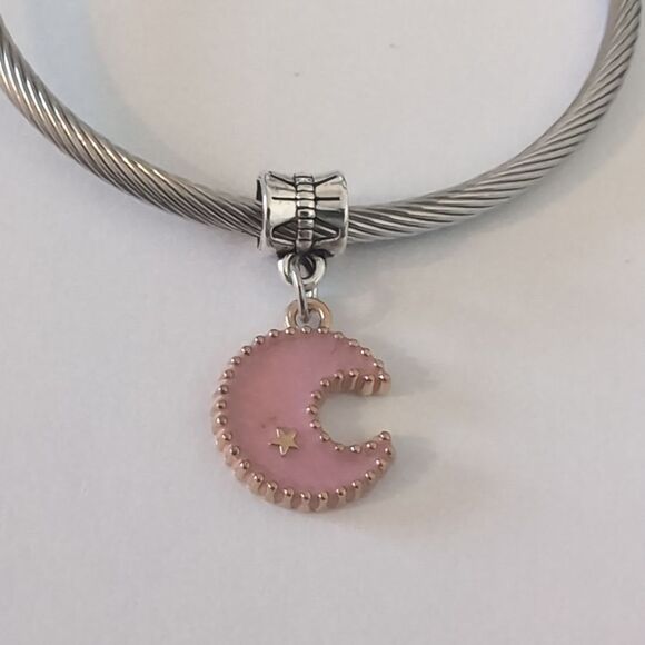 Gold with Pink Studded Moon & Star Dangle‎ Charm for Pandora Style Bracelet - Picture 1 of 4
